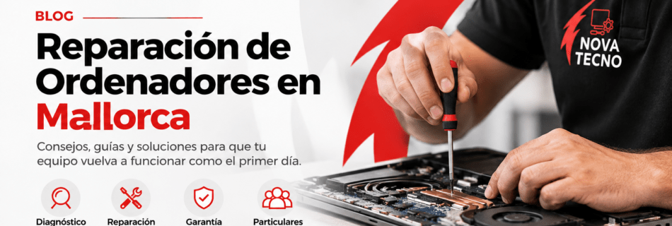 Técnico reparando un ordenador en el taller de Nova Tecno Mallorca en Palma